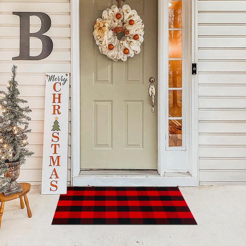 Fallovea Christmas Rugs Red and Black Plaid, 2'x3' Area Rug Outdoor Indoor Front Porch Doormat Cotton Hand-Woven Layered Door Mats for Entryway Patio Entryway Laundry Bedroom Living Room - Image 3